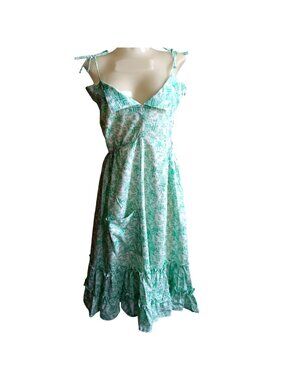 Green Vintage Church Dress Medium 10 1970's Strappy Floral Sleeveless